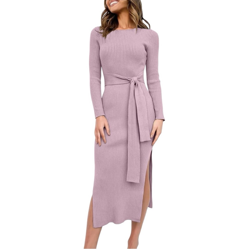 ANRABESS Crewneck Tie Waist Slim Fit Knit Slit Midi Dress, Purple